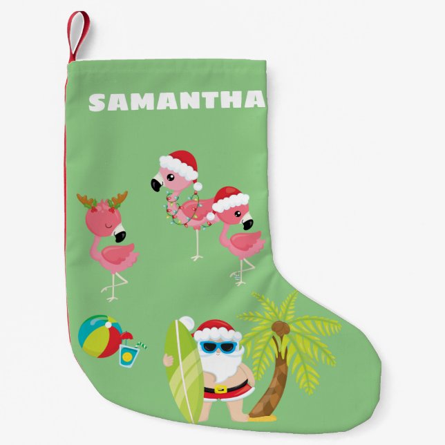 Petite Chaussette De Noël Plage tropicale Père Noël et Flamants roses (Devant)