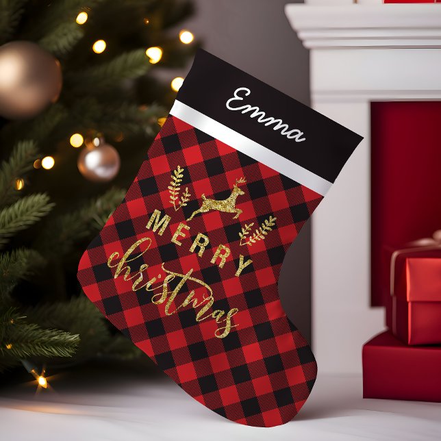 Petite Chaussette De Noël Plaid Buffalo Or Cerf Joyeux Monogramme (Créateur téléchargé)