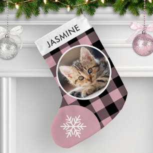 Petite Chaussette De Noël Plaid Buffalo Rose Photo Personnalisé de Chat de C
