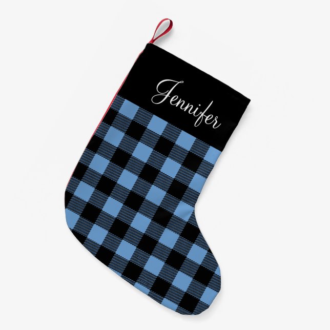 Petite Chaussette De Noël Plaid de buffle bleu rustique personnalisé (Devant (Accrochage))