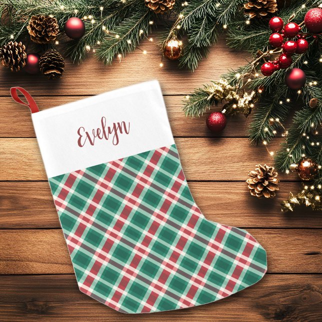 Petite Chaussette De Noël Plaid traditionnel rouge et vert avec nom (Red and Green Traditional Plaid Christmas Stocking with Name)