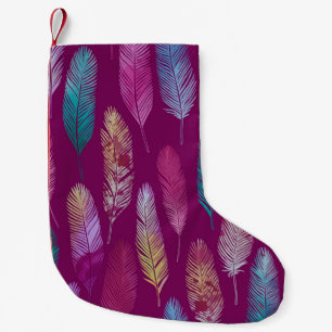 Petite Chaussette De Noël Plumes colorées : motif arrière - plan violet.