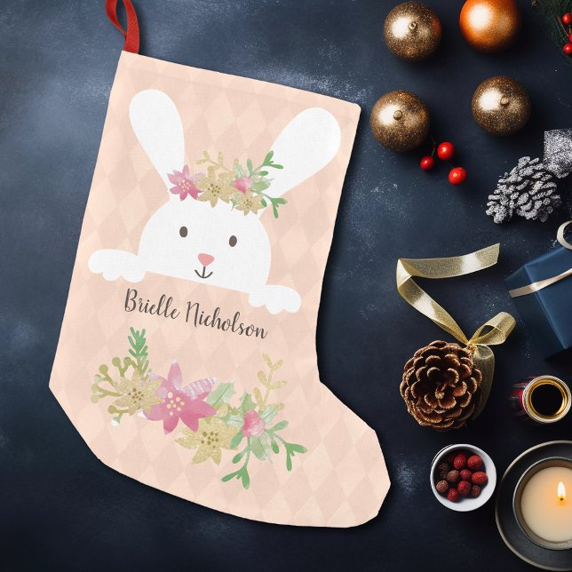 Petite Chaussette De Noël Poinsététie d'or rose lapin blanc Pêche florale (Créateur téléchargé)