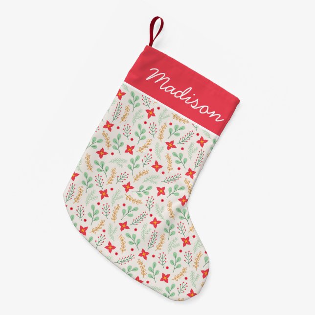 Petite Chaussette De Noël Poinsettias Festive et Motif Foliage (Devant (Accrochage))