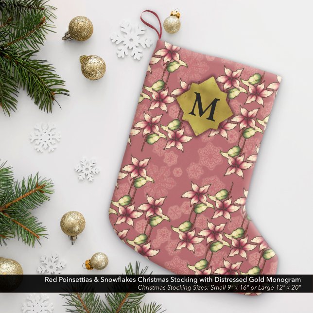 Petite Chaussette De Noël Poinsettias rouges et flocons de neige Monogramme  (Red Poinsettias & Snowflakes Christmas Stocking with Distressed Gold Monogram)