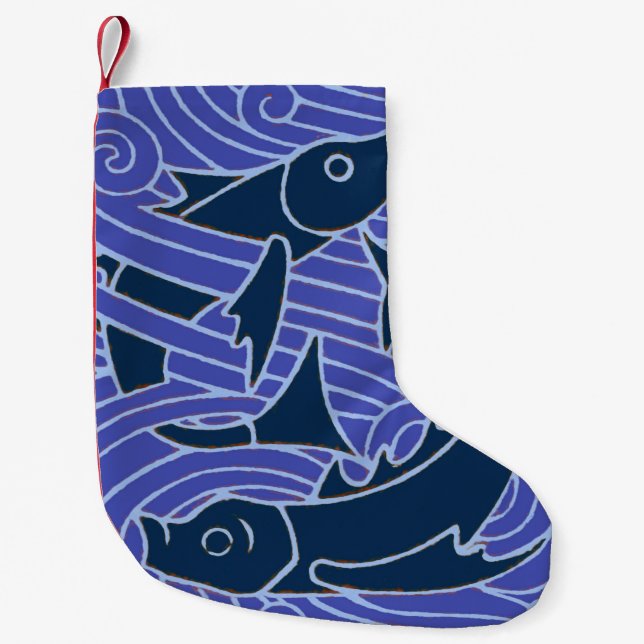 Petite Chaussette De Noël Poisson Gras Baignade Océan Bleu Pêche (Devant)