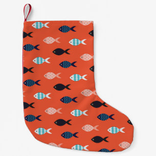 Petite Chaussette De Noël Poisson vintage, motif rouge corail.