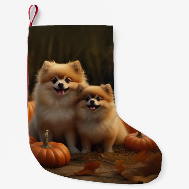 Petite Chaussette De Noël Poméranien Chiot Automne Citrouille délice (Devant)