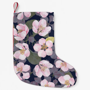 Petite Chaussette De Noël Pomme en fleurs : Aquarelle bleu foncé