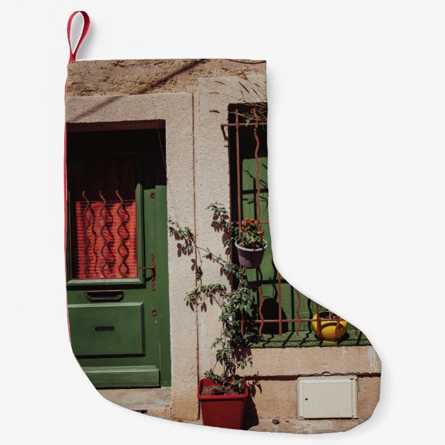 PETITE CHAUSSETTE DE NOËL PORTE EN BOIS VERT AVEC PLANTE VERT (Devant)
