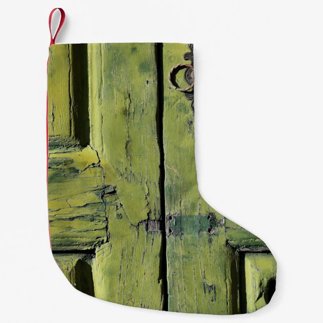 Petite Chaussette De Noël Porte fermée en bois brun à deux panneaux (Devant)