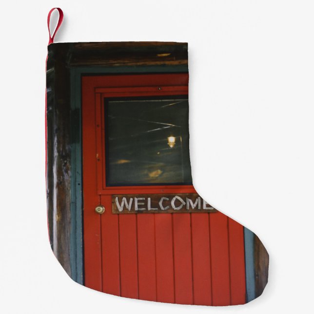 PETITE CHAUSSETTE DE NOËL PORTE FERMÉE EN BOIS ROUGE (Devant)
