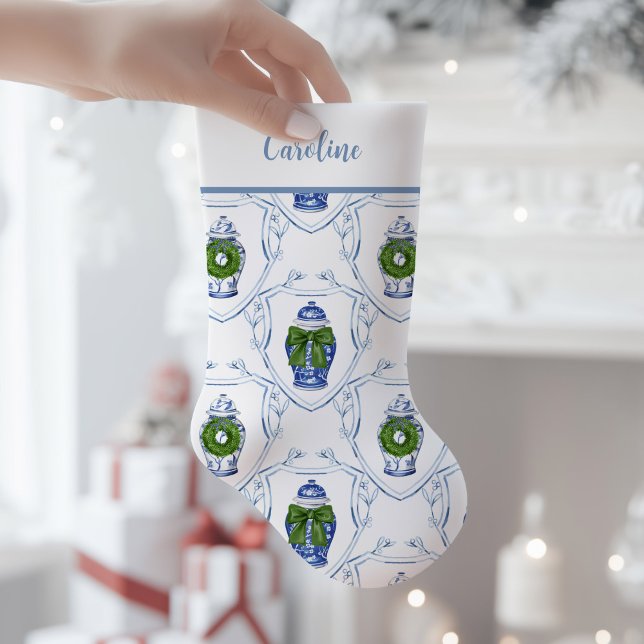 Petite Chaussette De Noël Pot à gingembre en chinoiserie  (Chinoiserie Blue and White Ginger Jar Christmas Stocking)