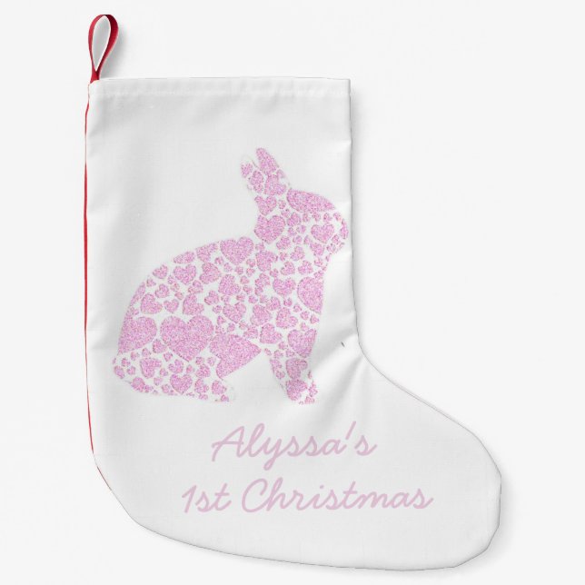 Petite Chaussette De Noël Premier bas personnalisé de Noël de lapin rose (Devant)