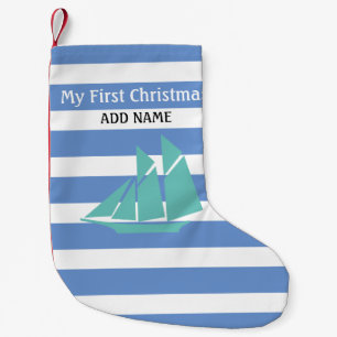 Petite Chaussette De Noël Premier Noël Bleu Bébé Garçon Monogramme nautique