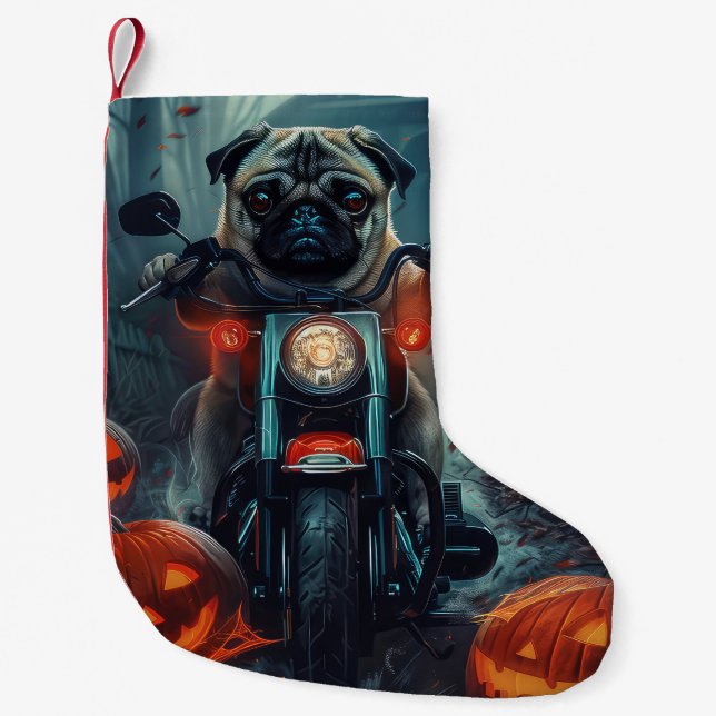 Petite Chaussette De Noël Pug à moto Halloween effrayant (Devant)