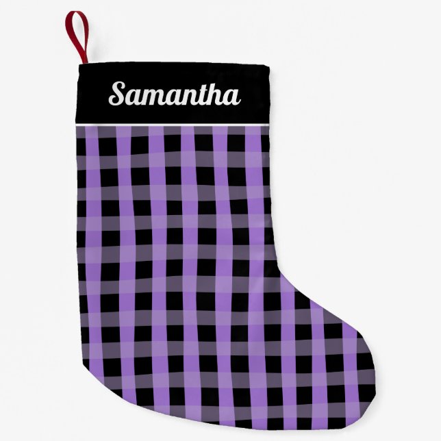 Petite Chaussette De Noël Purple  Black Buffalo Plaid Personalized Name (Devant)
