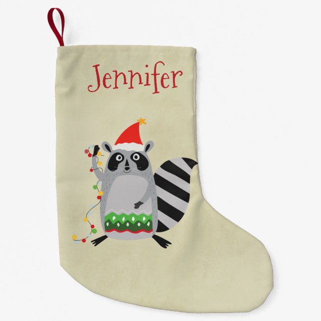 Petite Chaussette De Noël Raccoon À Santa Hat Tangé Dans Les Lumières De Noë (Devant)