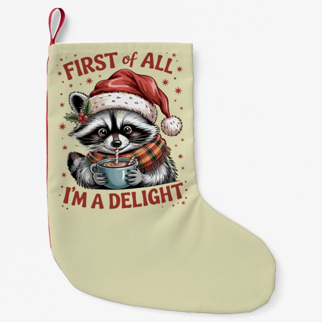 Petite Chaussette De Noël Raccoon amusant d'abord Je suis un Noël délicieux (Devant)