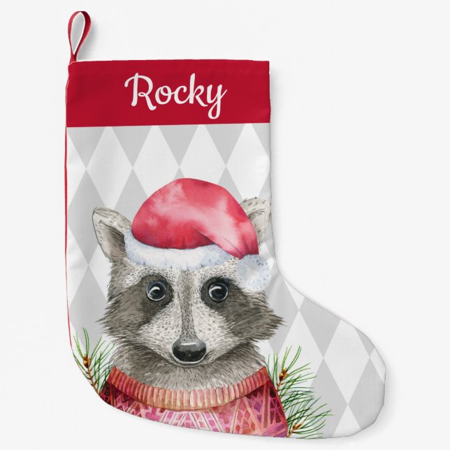 Petite Chaussette De Noël Raccoon de bois mignon à Santa Hat (Devant)