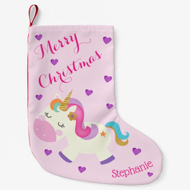 Petite Chaussette De Noël Rainbow Unicorn Parties scintillant rose de Noël (Devant)