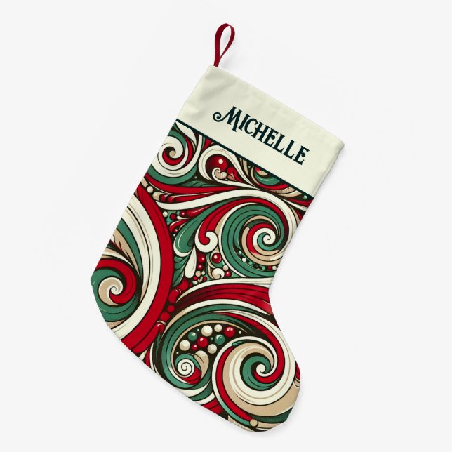 Petite Chaussette De Noël Red and Green Swirls Personalized (Devant (Accrochage))