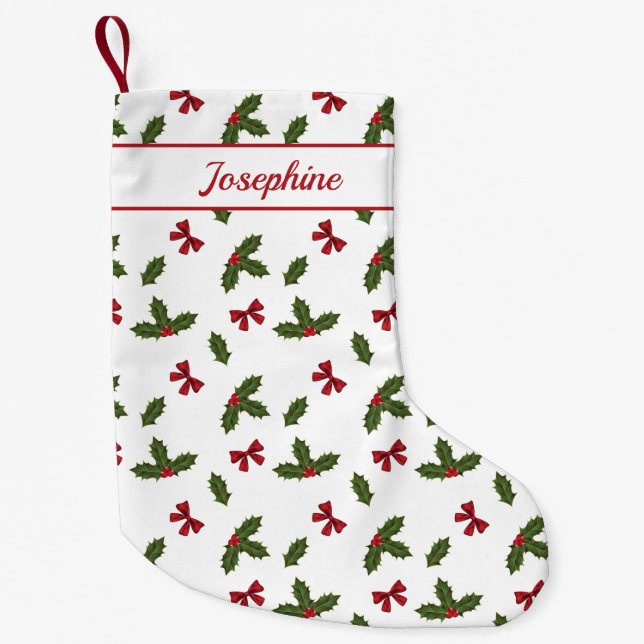 Petite Chaussette De Noël Red Bows Et Christmas Holly Plante Motif & Nom (Devant)