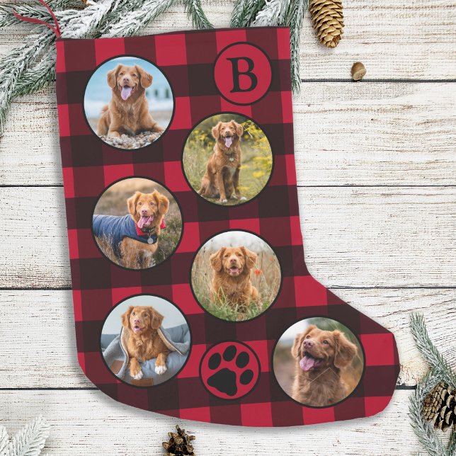 Petite Chaussette De Noël Red Buffalo Plaid Personnalisé Pet Photo Collage (Créateur téléchargé)