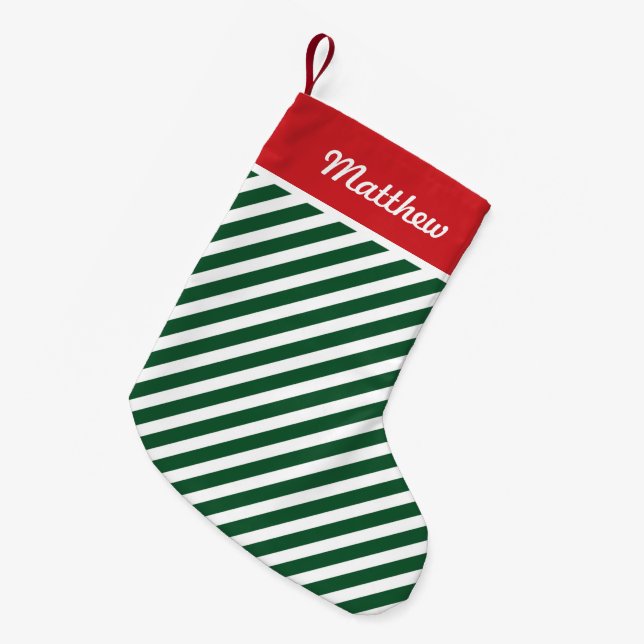 Petite Chaussette De Noël Red et Hunter Green Holiday Stripes Monogramme (Devant (Accrochage))
