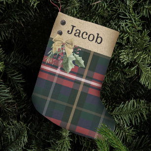 Petite Chaussette De Noël Red Green Plaid Gold Bow & Greenery Custom Nom