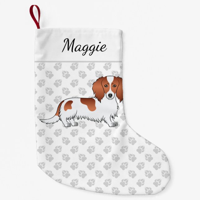 Petite Chaussette De Noël Red Piebald Long Cheveux Dachshund Dessin Chien et (Devant)