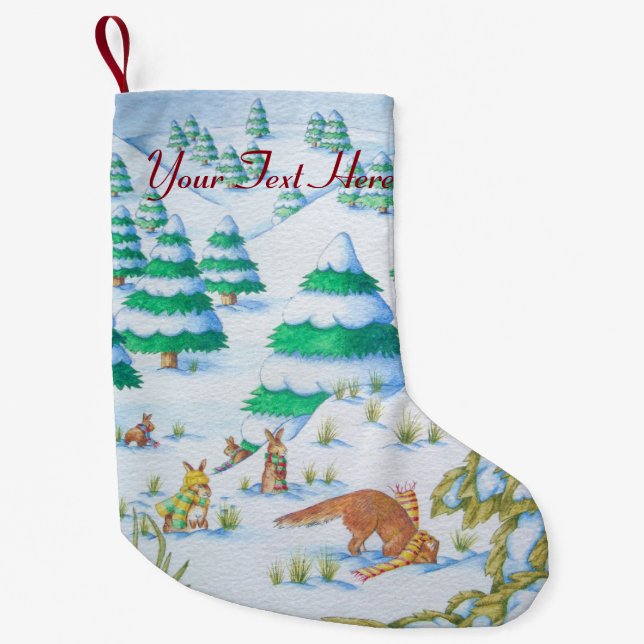 Petite Chaussette De Noël renard mignon et lapin scène de neige de noël (Devant)