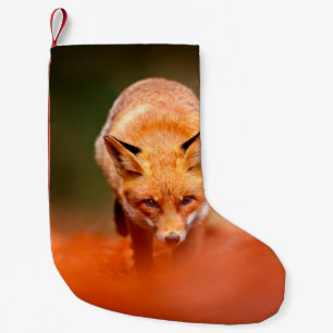 Petite Chaussette De Noël Renard rouge courant sur les feuilles d'automne or