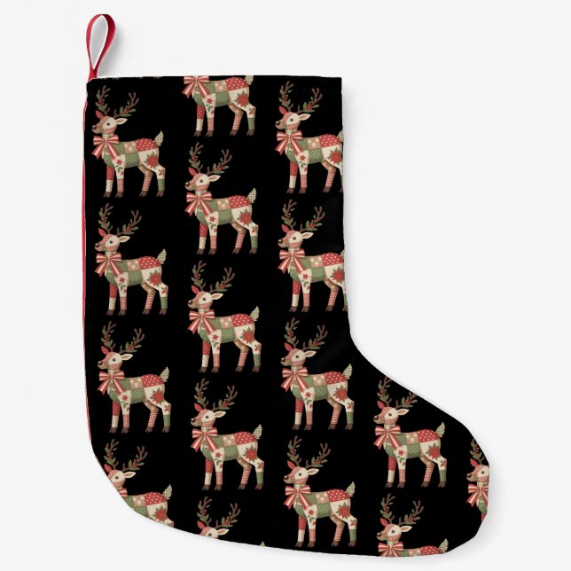 Petite Chaussette De Noël Renne en patchwork brodé de Noël Animal (Devant)