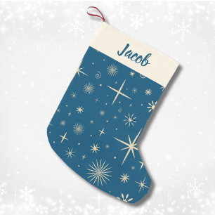 Petite Chaussette De Noël Retro Blue Sparkle Motif de Noël Nom personnalisé