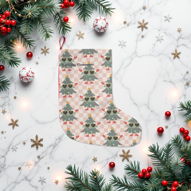 Petite Chaussette De Noël Retro En vichy sapin de Noël personnalisé (Retro Gingham Christmas Tree Personalized Small Christmas Stocking)