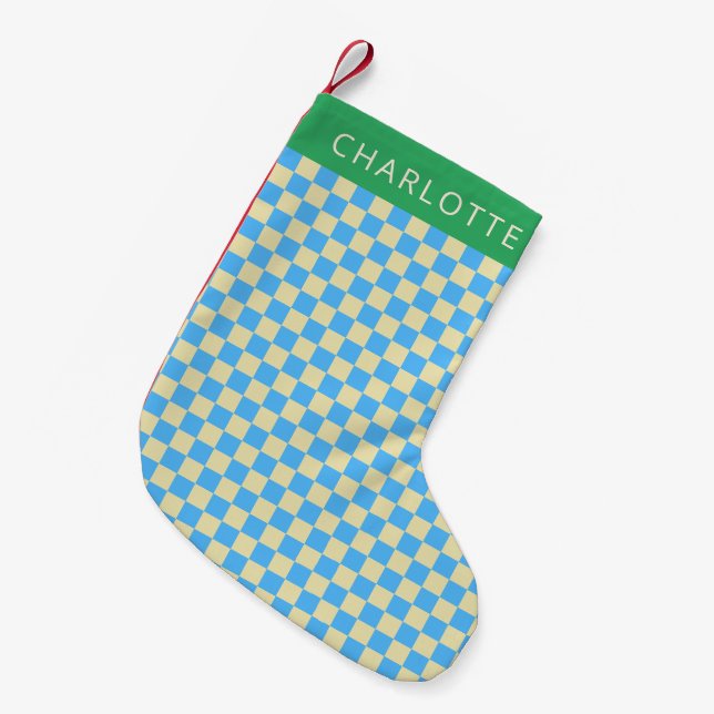 Petite Chaussette De Noël Retro esthétique Checkerboard bleu Personnalisé (Devant (Accrochage))