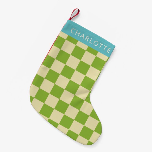 Petite Chaussette De Noël Retro esthétique Checkerboard Vert Personnalisé (Devant (Accrochage))