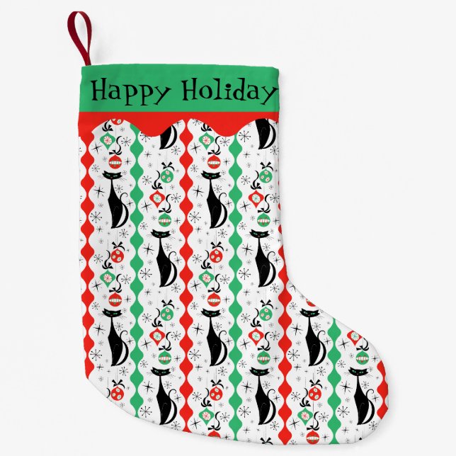 Petite Chaussette De Noël Rétro Xmas Chat Stripe Multi Joyeux Vacances 2 côt (Devant)