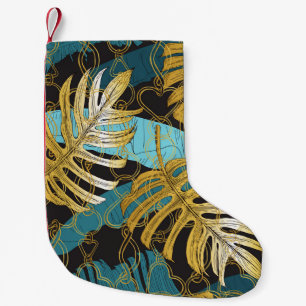 Petite Chaussette De Noël Rideau de chaîne d'or, feuilles tropicaux.