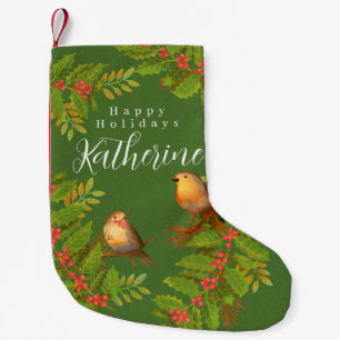 Petite Chaussette De Noël Robin Birds Holly Berry Green