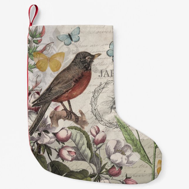 Petite Chaussette De Noël Robin Elegant Bird Butterfly French Art (Devant)