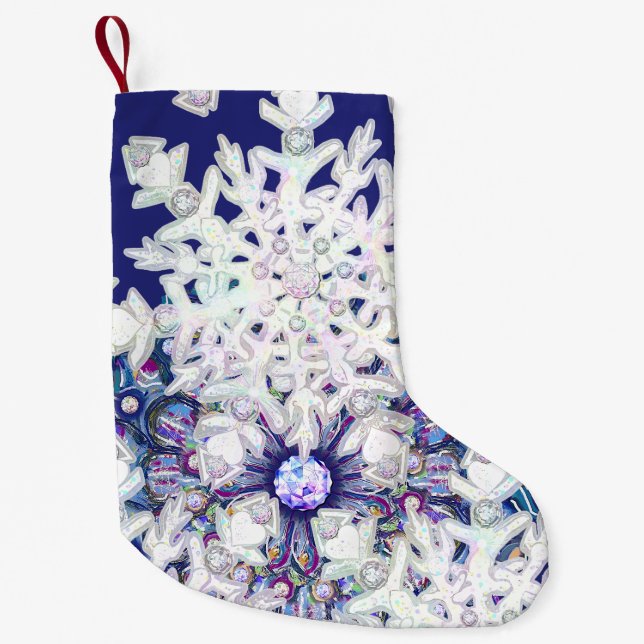Petite Chaussette De Noël Rosace bleue et flocon de neige (Devant)