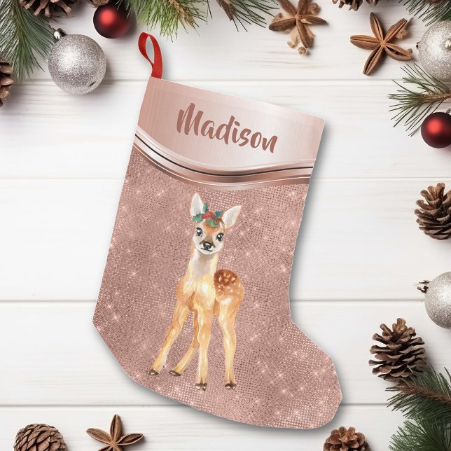 Petite Chaussette De Noël Rose Gold Sparkle Deer Fawn Personnalisé (Créateur téléchargé)