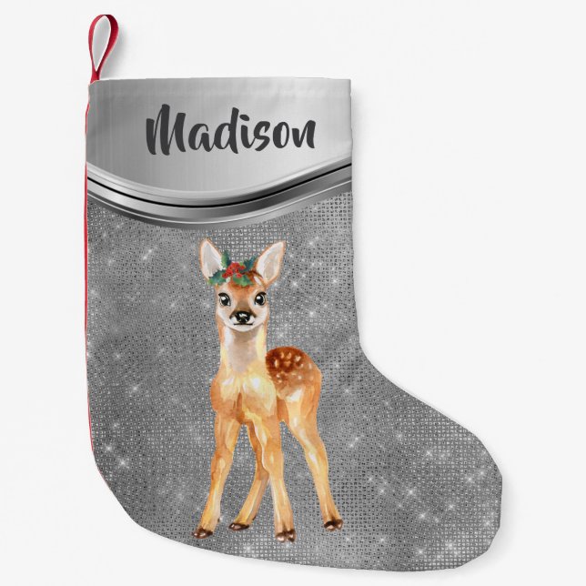 Petite Chaussette De Noël Rose Gold Sparkle Deer Fawn Personnalisé (Devant)