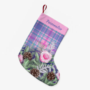 Petite Chaussette De Noël Roseaux à carreaux roses bleus personnalisés Cônes