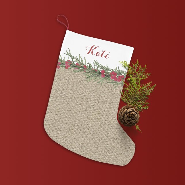 Petite Chaussette De Noël Rosemary rustique et Berries aquarelle sur Burlap (Créateur téléchargé)
