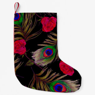 Petite Chaussette De Noël Roses d'aquarelle, plumes de paon, décoration.