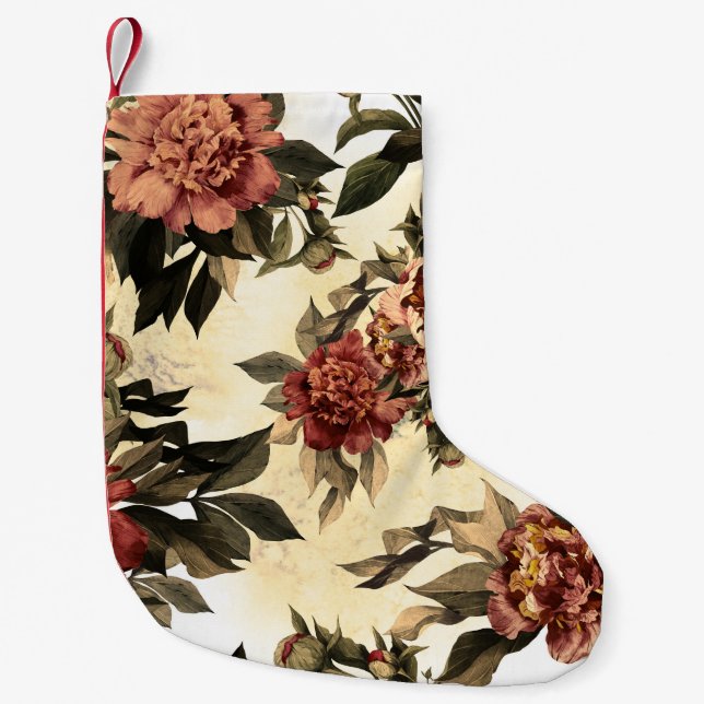 Petite Chaussette De Noël Roses Floral Aquarelle, Motif Peonies. (Devant)