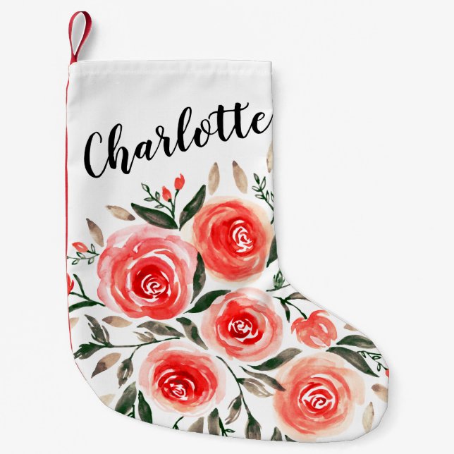 Petite Chaussette De Noël Roses roses roses d'aquarelle de fille personnalis (Devant)